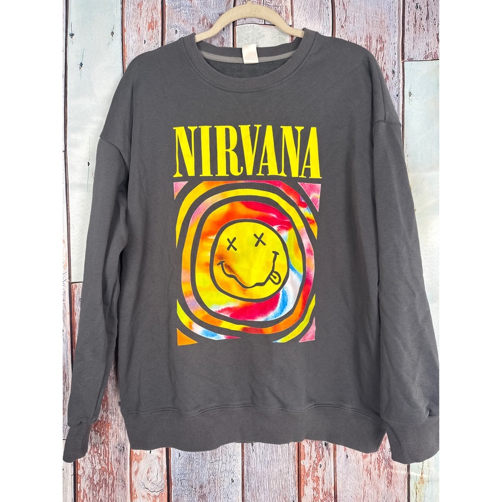 Nirvana Smiley‎ Face Tie Dye Graphic Sweatshirt Gray Cotton Pullover XL